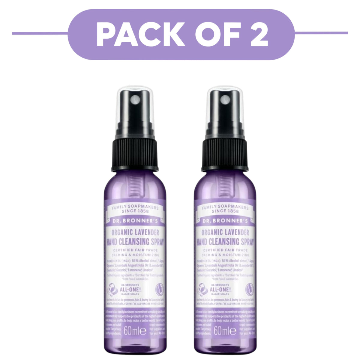 Dr. Bronner's Organic Lavender Hand Cleansing Spray 60ml Pack of 2