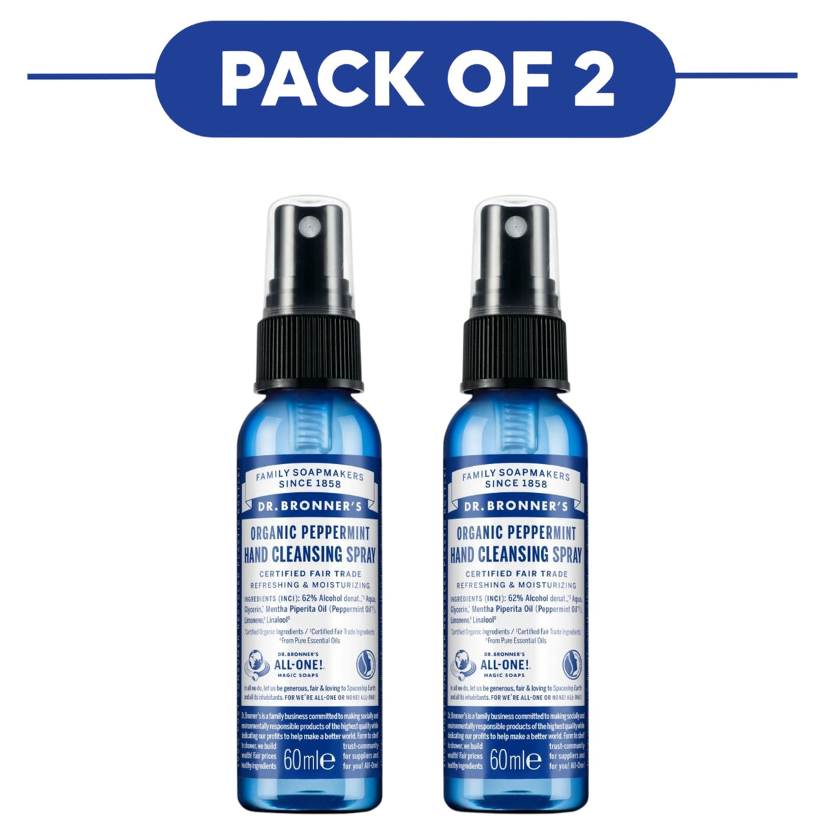 Dr. Bronner's Organic Peppermint Hand Cleansing Spray 60ml Pack of 2