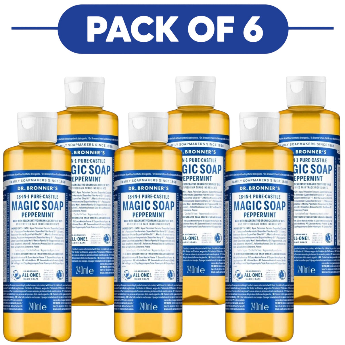 Dr. Bronner's Peppermint 18-in-1 Pure-Castile Liquid Soap 240ml Pack of 6