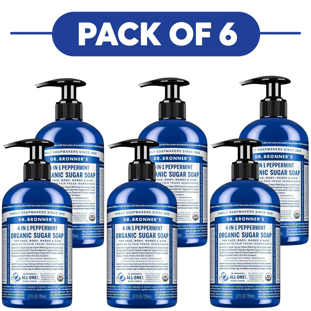 Dr. Bronner's Peppermint 4-in-1 Organic Sugar Soap 355ml Pack of 6