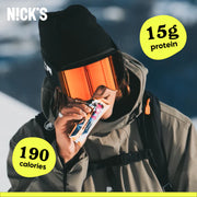Nick's Peanut Butter and Caramel Chocolate Protein Bar Variety Pack 12x50g snack bars ready for on the go use