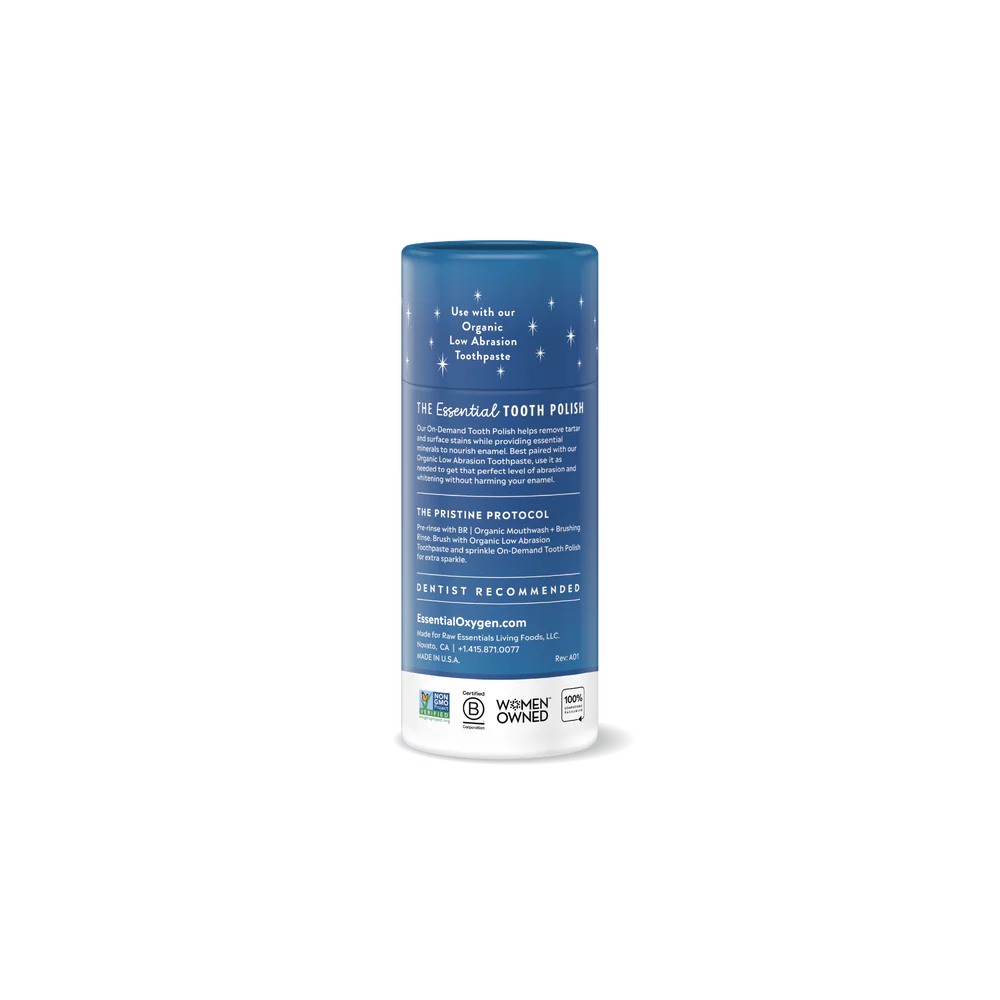 Essential Oxygen Tooth Polish showing ingredients, barcode and usage instructions.