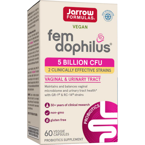 Front Image: Jarrow Formulas Fem-Dophilus 5 billion CFU veggie capsules 60 count front packaging box