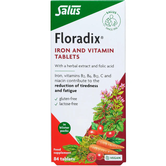 Floradix Iron & Vitamin Tablets box, vegan, 84 count.