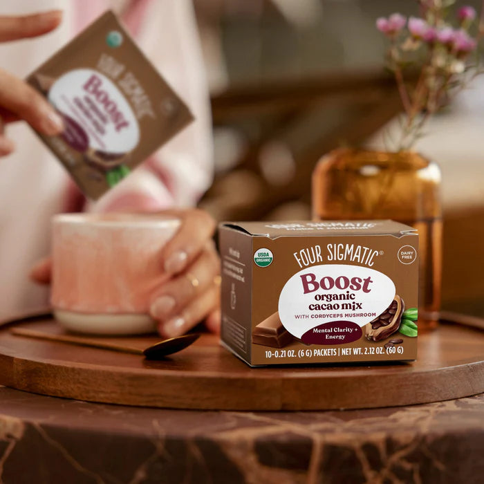 How to Use: Four Sigmatic Cacao Mix packet being stirred into a mug of hot water.