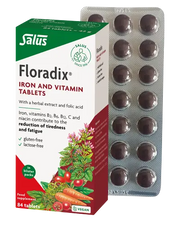 Floradix Iron & Vitamin Tablets box & sachet, vegan, 84 count.