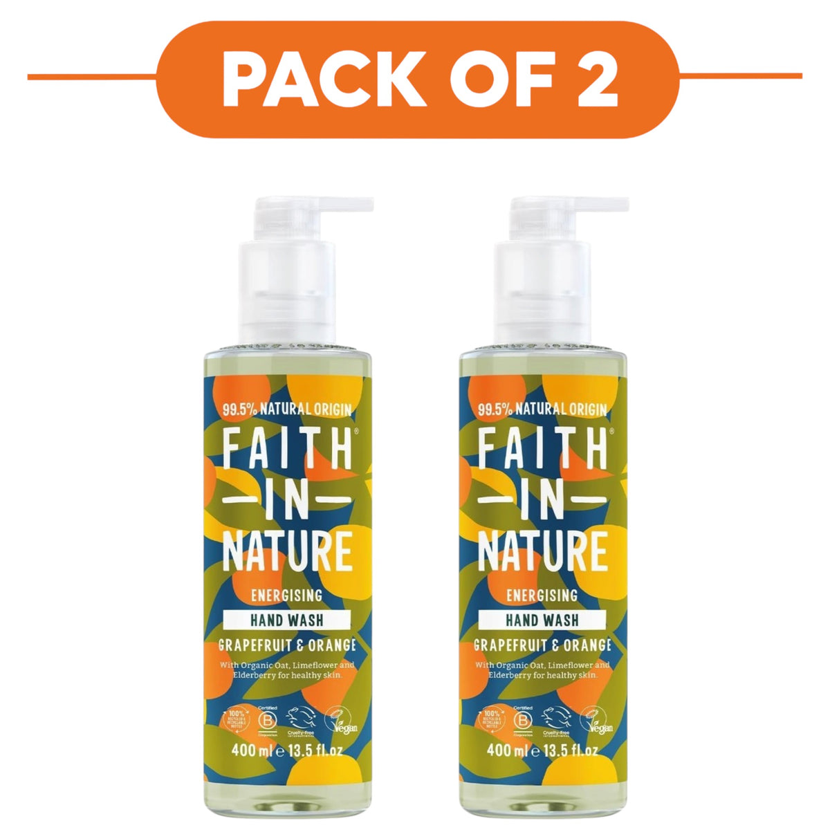 Faith In Nature Grapefruit & Orange Energising Hand Wash 400ml Pack of 2