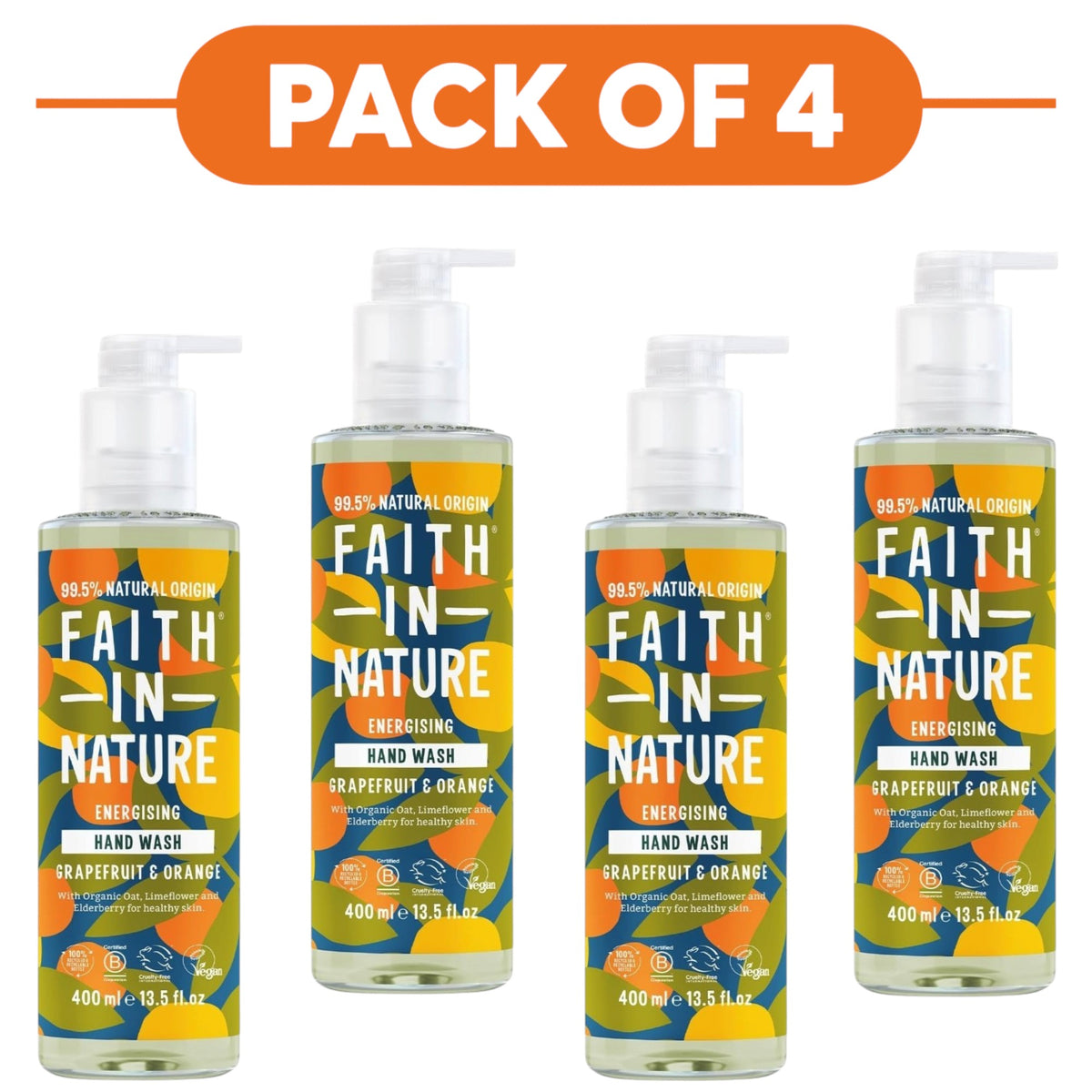 Faith In Nature Grapefruit & Orange Energising Hand Wash 400ml Pack of 4