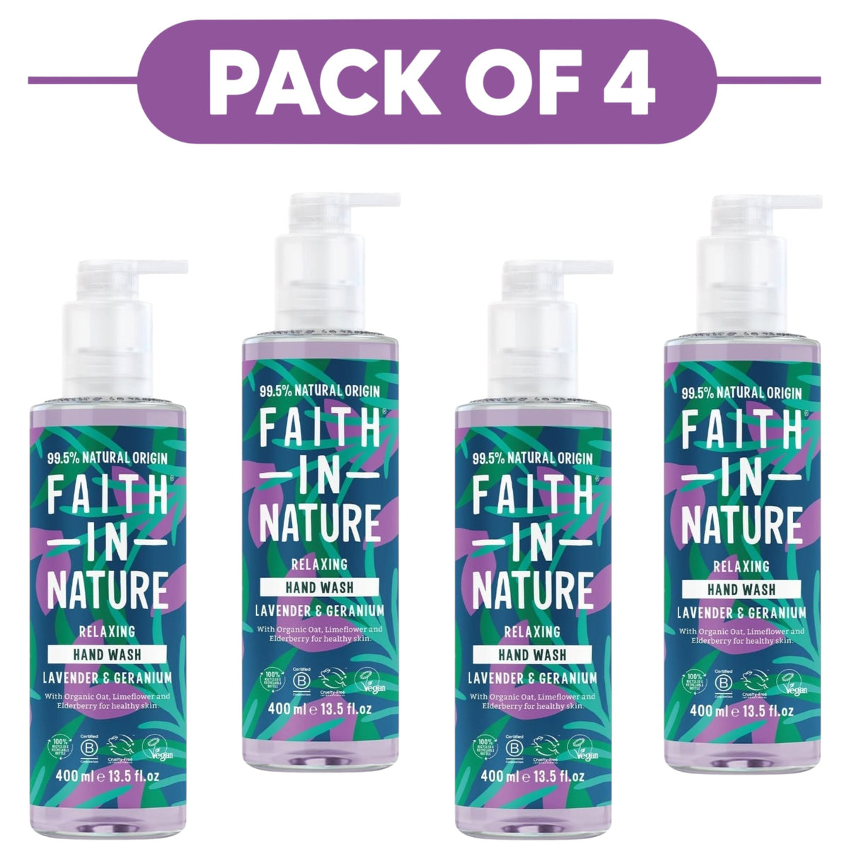 Faith In Nature Lavender & Geranium Relaxing Hand Wash 400ml Pack of 4
