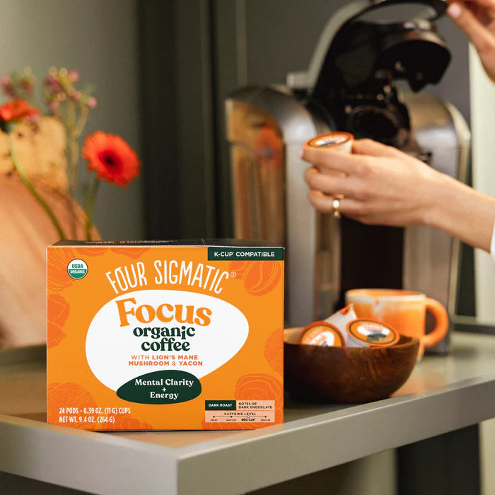 How to Use: A Four Sigmatic coffee pod next to a Keurig brewer.