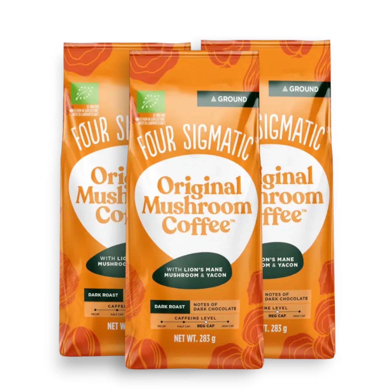 Four Sigmatic Original Mushroom Ground Coffee Dark Roast 283g, 3 pouches front packaging on white background