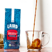 How to use: Laird Superfood Peruvian dark roast mushroom coffee 340g brewing instructions on white background