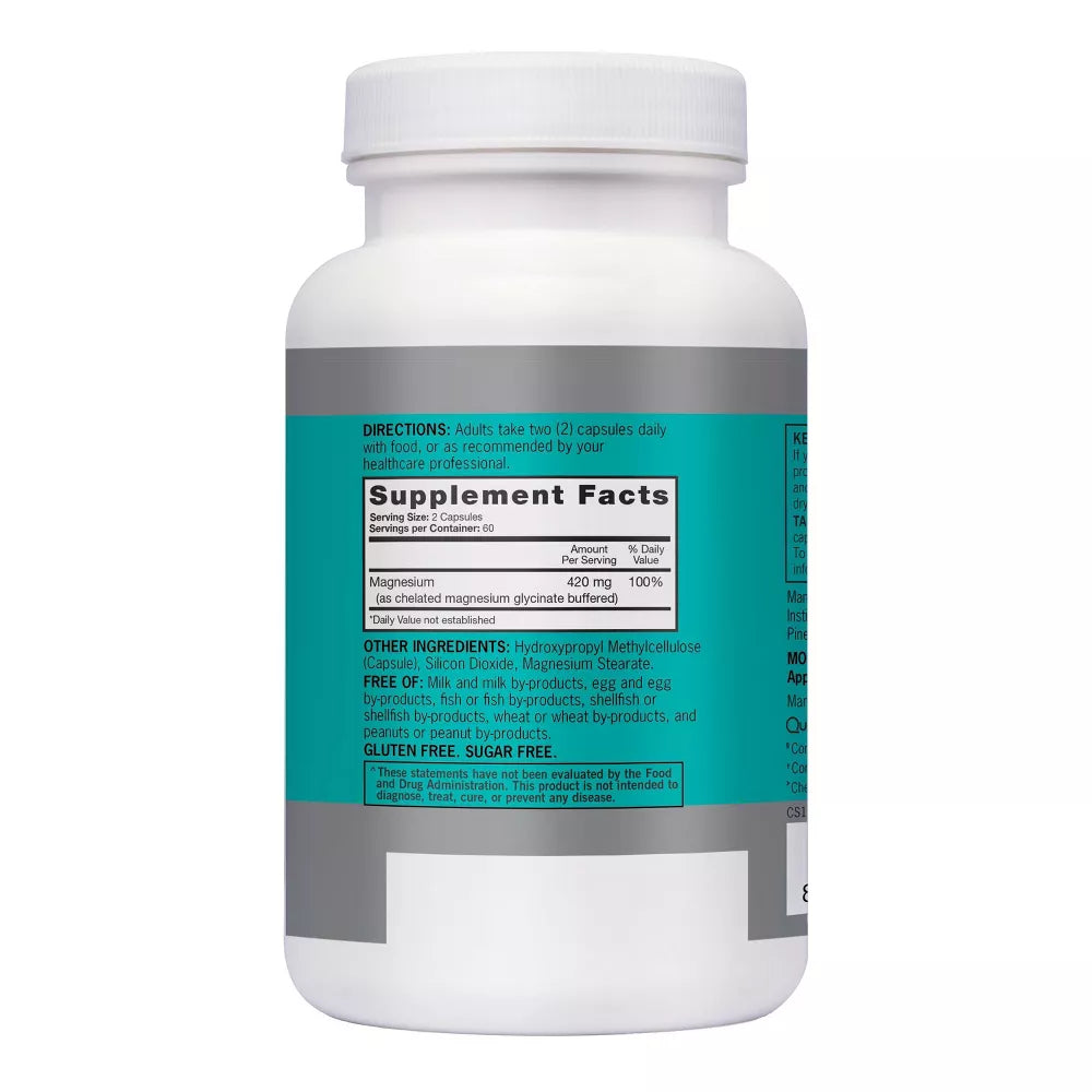 Supplement facts & ingredients image: Qunol Magnesium Glycinate capsules barcode bottle 420mg 120 count