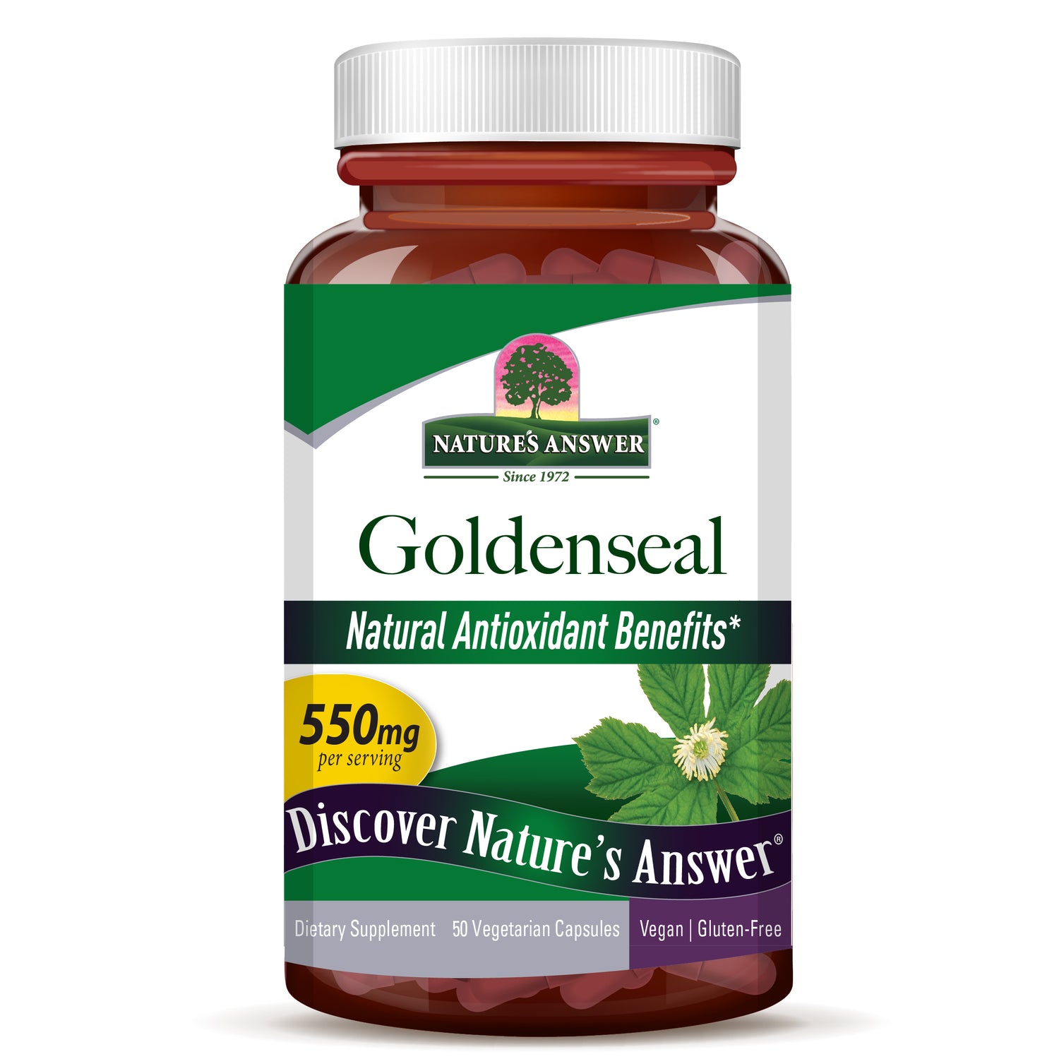 Nature’s Answer Goldenseal Root vegetarian capsules 550mg 50 count bottle front view on a white background