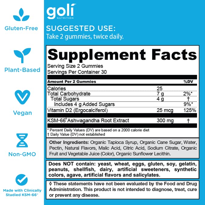 Supplement Facts & Ingredients Image: Goli Ashwagandha Gummies ingredient label 60 gummies