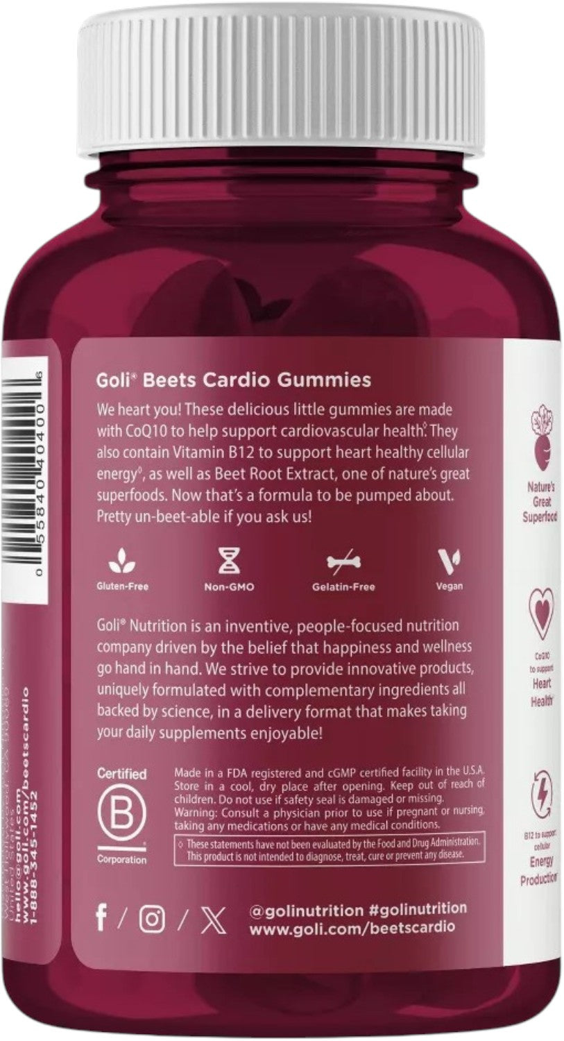 Back Image: Goli Nutrition Beets Cardio Gummies bottle 60 count