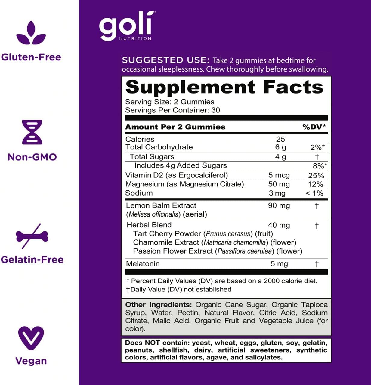 Supplement Facts & Ingredients Image: Goli Dreamy Sleep Gummies ingredient label 30 gummies