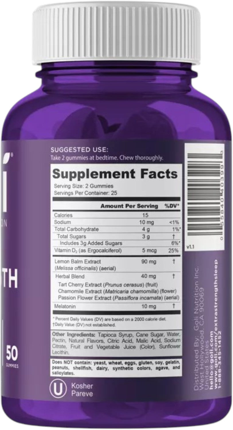 Supplement Facts & Ingredients Image: Goli Extra Strength Sleep Gummies ingredient bottle label 50 gummies