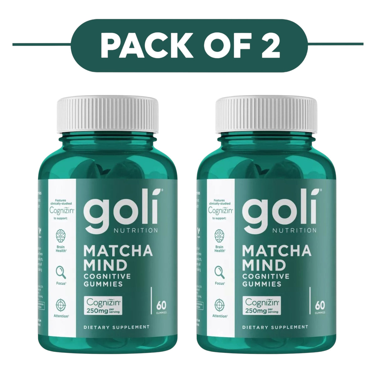 Goli Nutrition Matcha Mind Cognitive Gummies Cognizin 250mg 60 Count Pack of 2