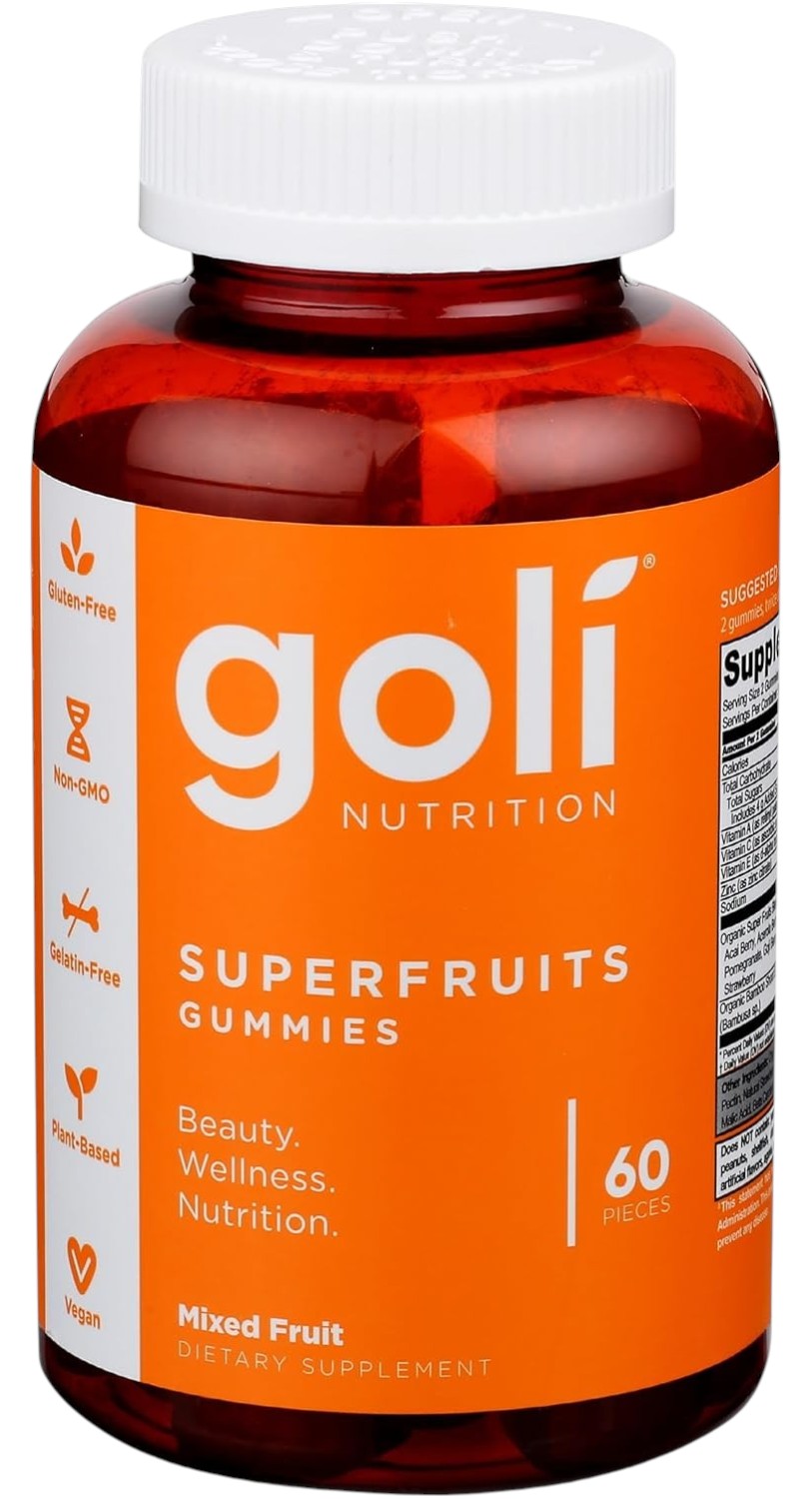 Front Image: Goli Nutrition Superfruits Gummies mixed fruit bottle 60 count