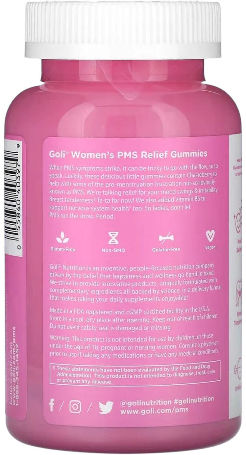 Back Image: Goli Nutrition Women's PMS Relief Gummies bottle 60 count