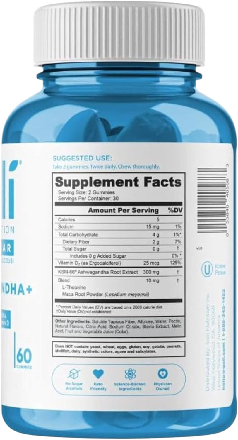 Supplement Facts & Ingredients Image: Goli Ashwagandha Plus Gummies ingredient label 60 gummies