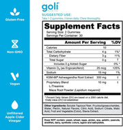 Supplement Facts & Ingredients Image: Goli Ashwagandha Plus Gummies ingredient label 60 gummies