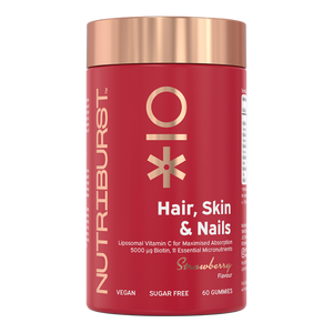 Nutriburst Hair Skin and Nails Gummies bottle, sugar-free vegan supplement with biotin.