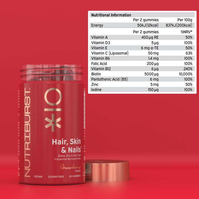 Supplement facts panel and ingredients list for Nutriburst Hair Skin Nails Gummies.