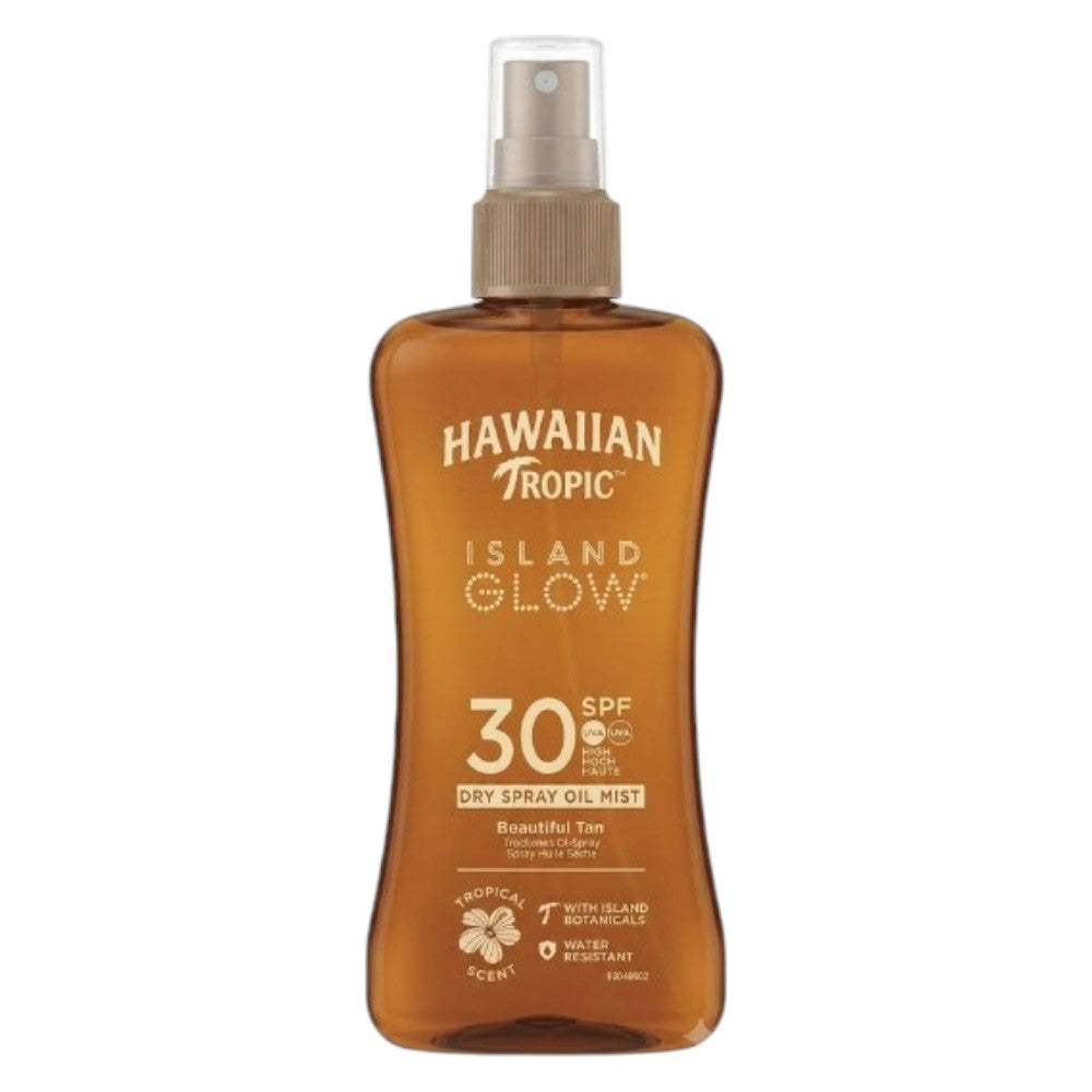 Hawaiian Tropic Island Glow Dry Spray Oil SPF30, spray bottle packaging, tropical fragrance, 200ml