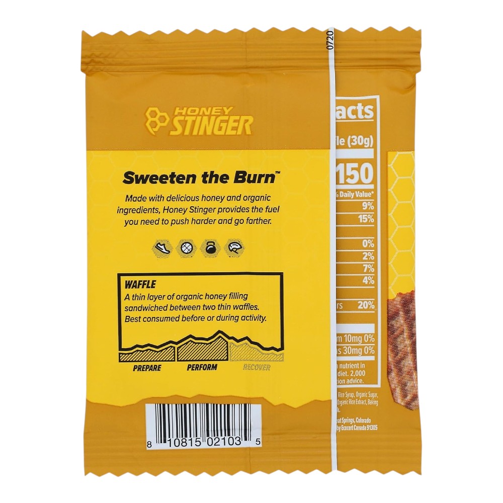 Honey Stinger Organic Honey Waffle snack, honey flavour, 30g single-serving wrapper, ingredients information & barcode