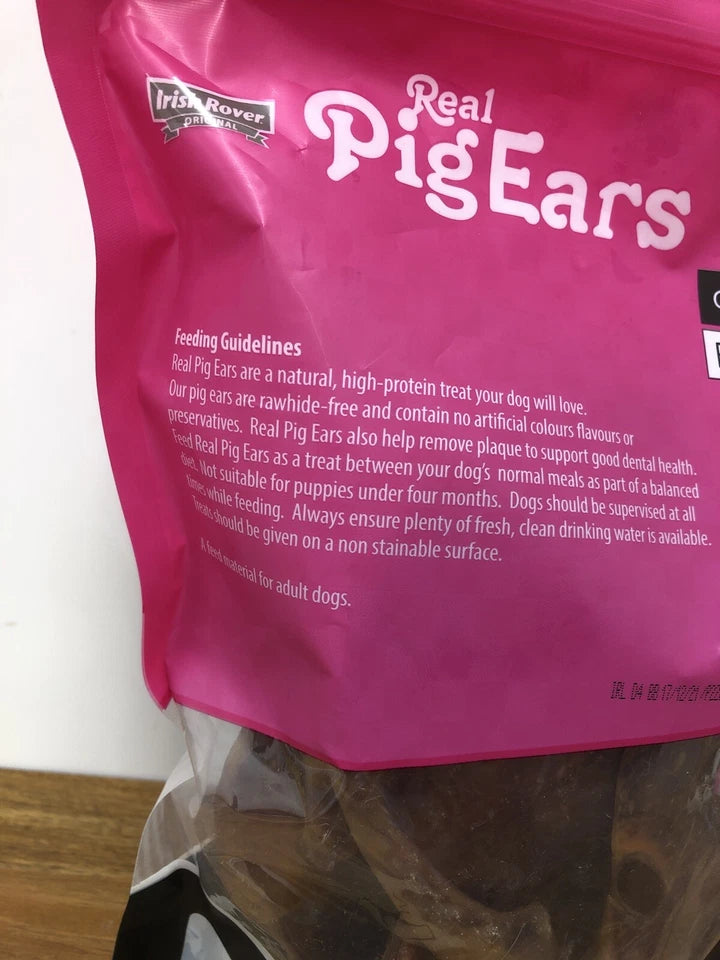 Irish Rover pig ears dog treats ingredient information packaging 12 pack