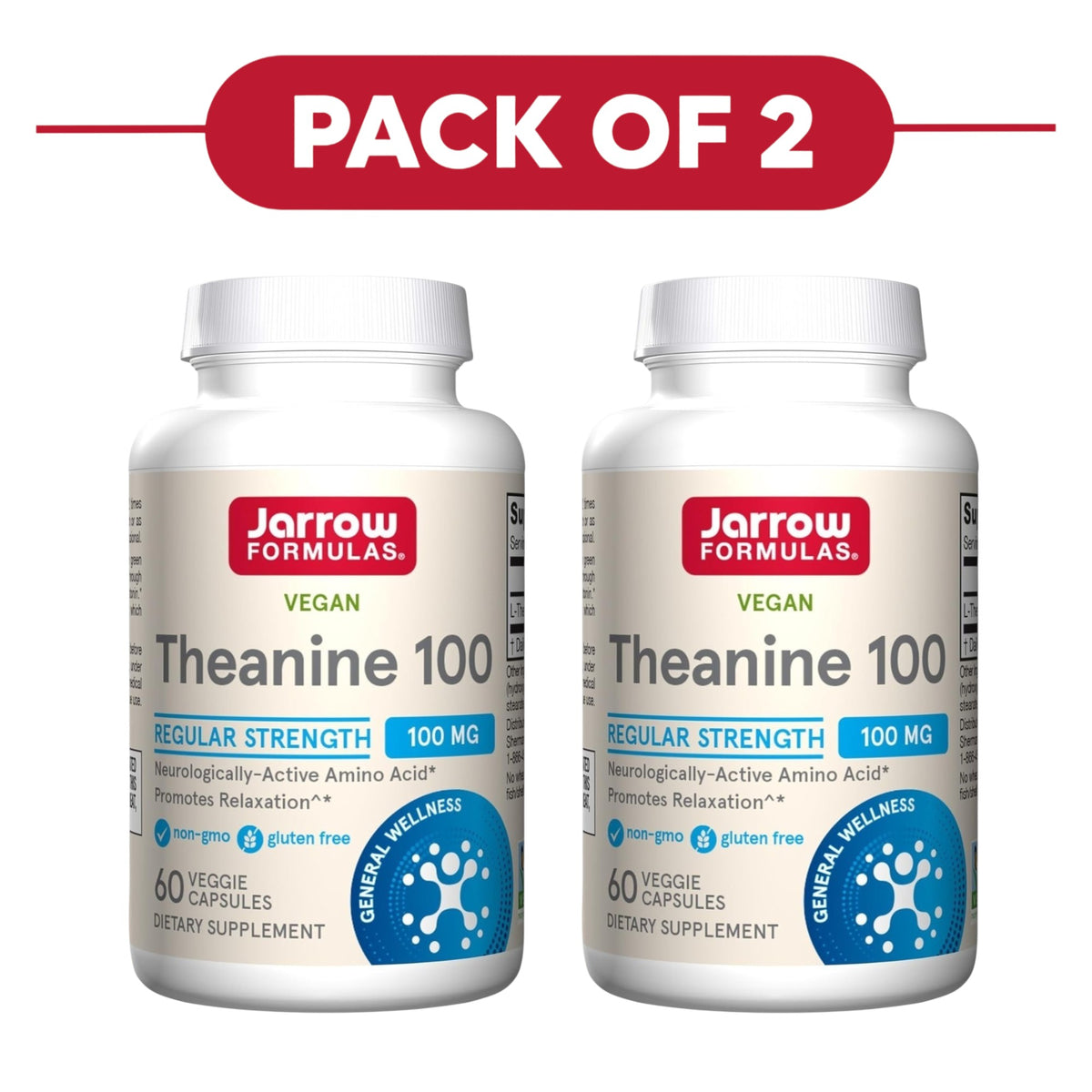 Jarrow Formulas L-Theanine 100mg 60 Veggie Capsules Pack of 2