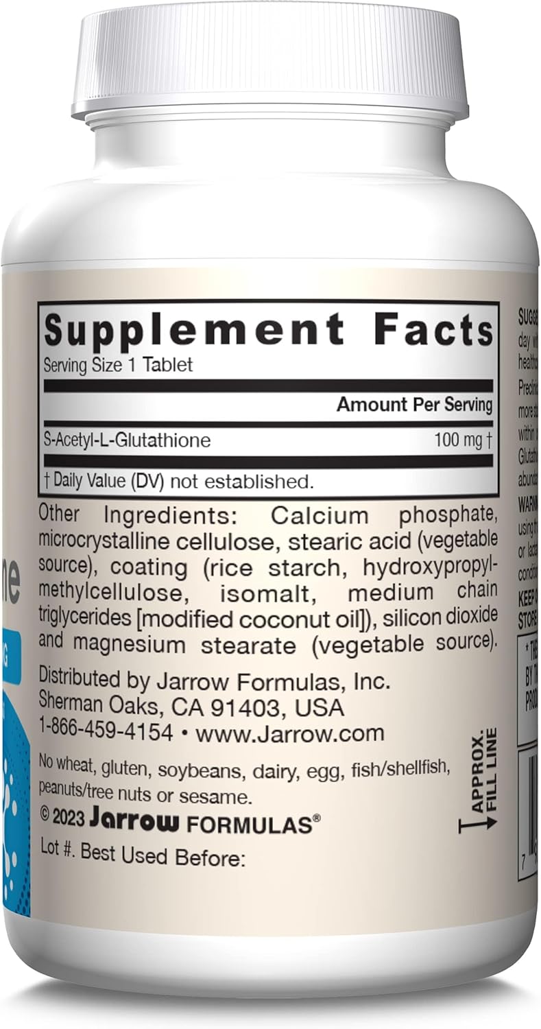 Supplement Facts Image: Jarrow Formulas s acetyl l glutathione 100mg supplement facts and ingredients 60 count