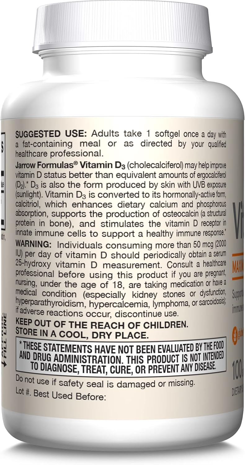 How to Use Image: Jarrow Formulas vitamin d3 5000 IU 125mcg softgels 100 count usage instructions with meal