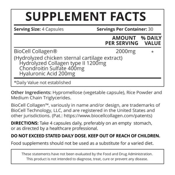 Supplement facts & ingredients image: Good Health Naturally Joint and Skin Matrix supplement facts collagen chondroitin hyaluronic acid 120 capsules
