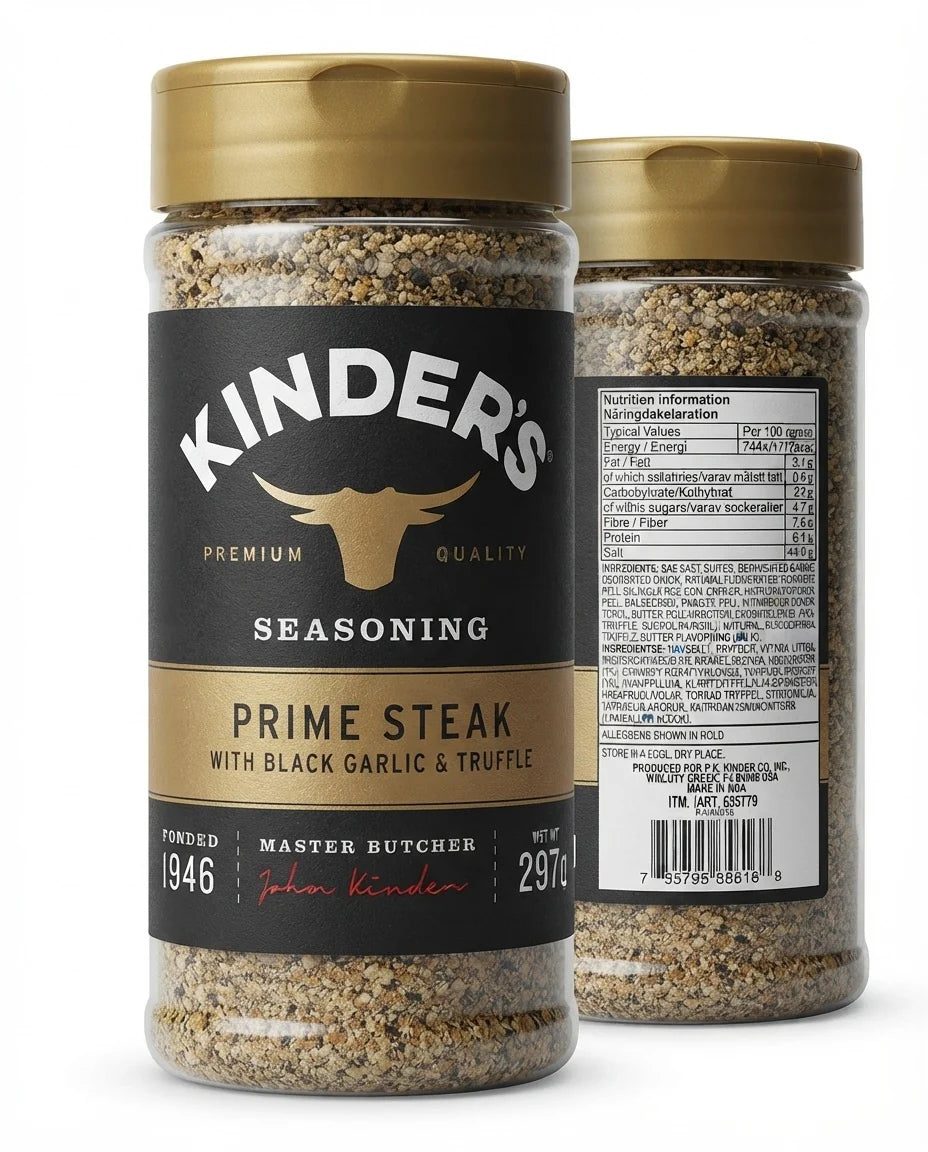 Kinder's Prime Steak Black Garlic & Truffle Seasoning ingredients label & barcode 297g