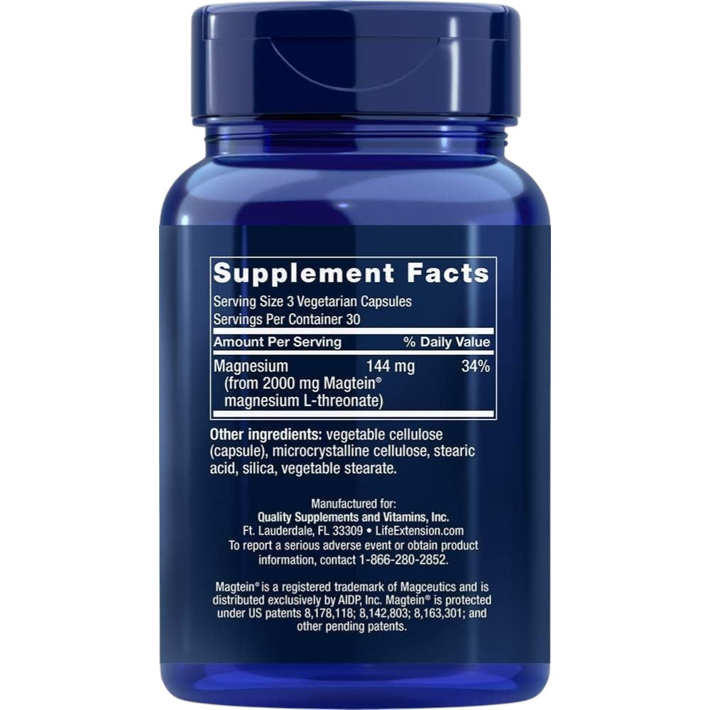 Life Extension Neuro-Mag Magnesium L-Threonate 90 vegetarian capsules bottle packaging showing supplement facts and ingredients, no flavour, 90 capsules