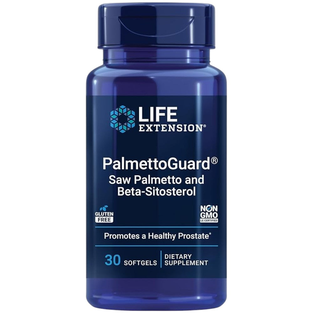 Life Extension PalmettoGuard dietary supplement softgel bottle, saw palmetto and beta-sitosterol, no flavour, 30 softgels