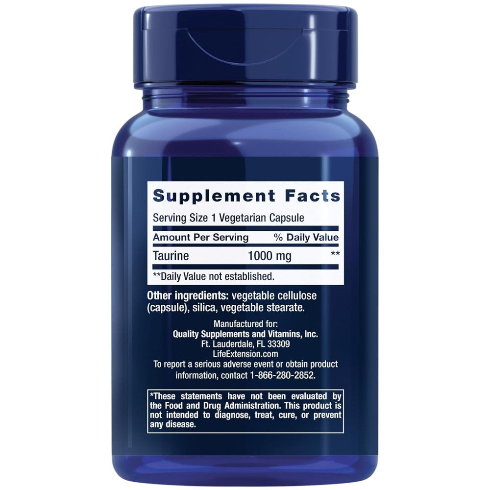Life Extension Taurine 1000mg vegetarian capsules bottle packaging showing supplement facts and ingredients, no flavour, 90 capsules