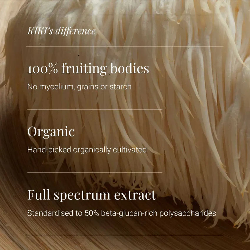 Supplement facts & ingredients image: KIKI Health organic lion’s mane mushroom extract ingredient panel bottle 60 count