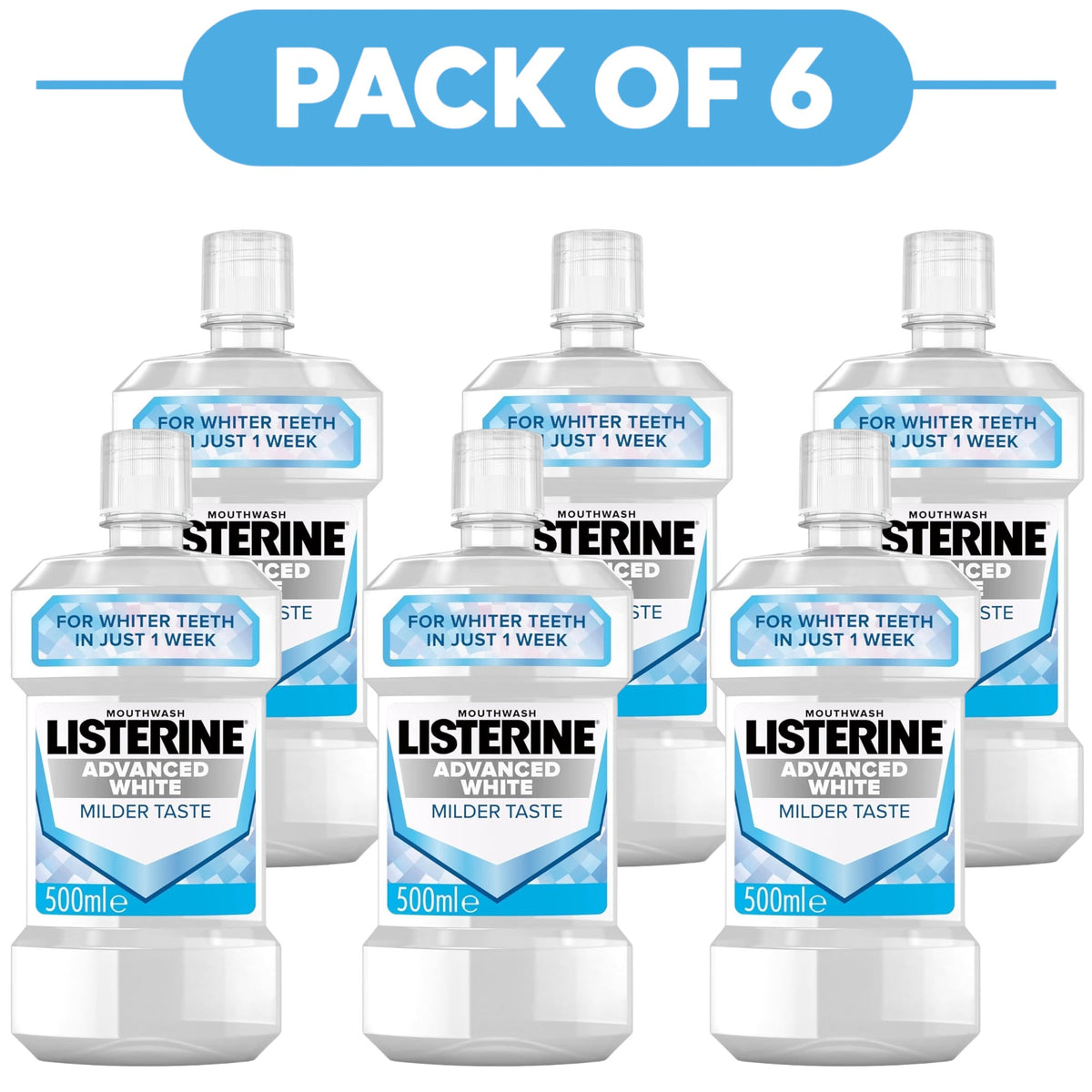 Listerine Advanced White Milder Taste Mouthwash 500ml Pack of 6