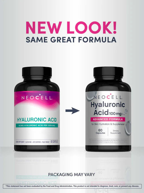 NeoCell Hyaluronic Acid 60 Capsules bottle, 100mg supplement, on white background. Old & new packaging.