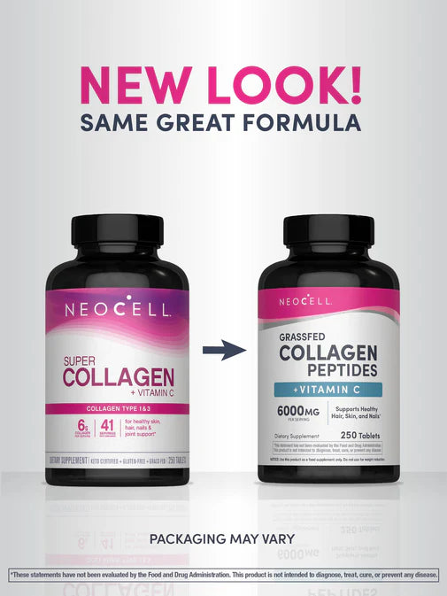 NeoCell Super Collagen Plus Vitamin C Tablets bottle, 250 count. Old & new packaging.