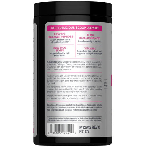 Nutrition label for NeoCell Beauty Infusion collagen powder supplement and barcode.