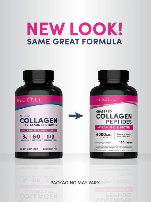 NeoCell Grass Fed Collagen Peptides bottle with Vitamin C and Biotin tablets on white background. Old & new packaging.
