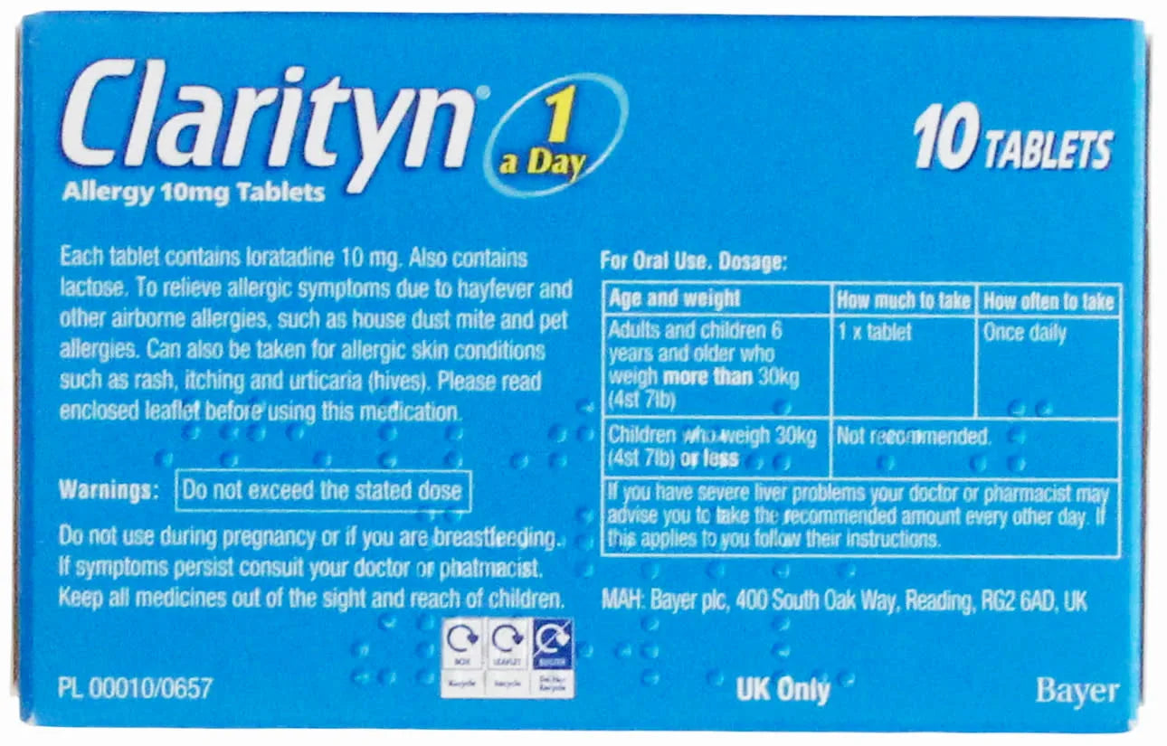 Clarityn Allergy Loratadine 10mg Tablets active ingredient and ingredients panel