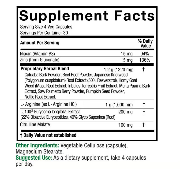 Nature’s Answer Male Complete Herbal Food Supplement 120 capsules supplement facts label
