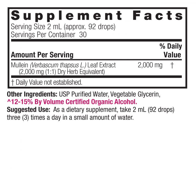 Nature’s Answer Mullein Leaf supplement facts low alcohol 60ml back labelon a white background.