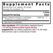 Nature’s Answer Mullein Leaf supplement facts low alcohol 60ml back labelon a white background.